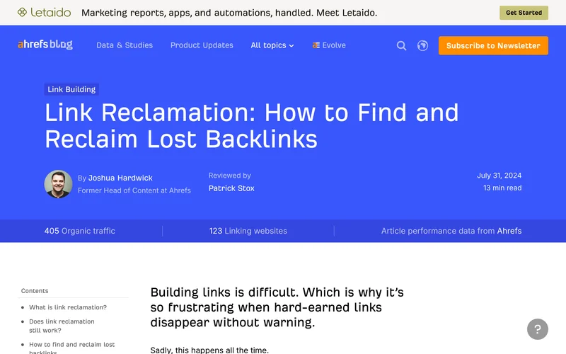 Статья блога Ahrefs о возврате потерянных ссылок