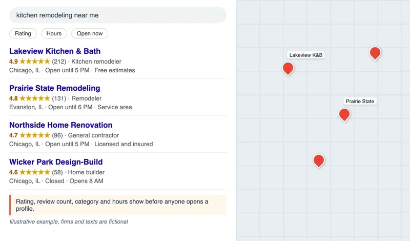 Mock Google Maps results for kitchen remodeling near me in Chicago with four listings showing ratings, review counts, categories and hours, and a map with pins