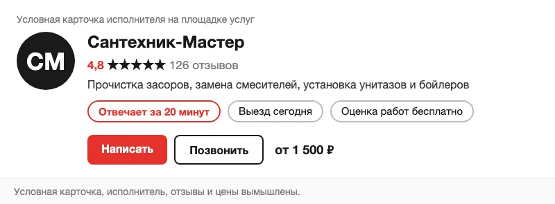 Условная карточка исполнителя на площадке услуг