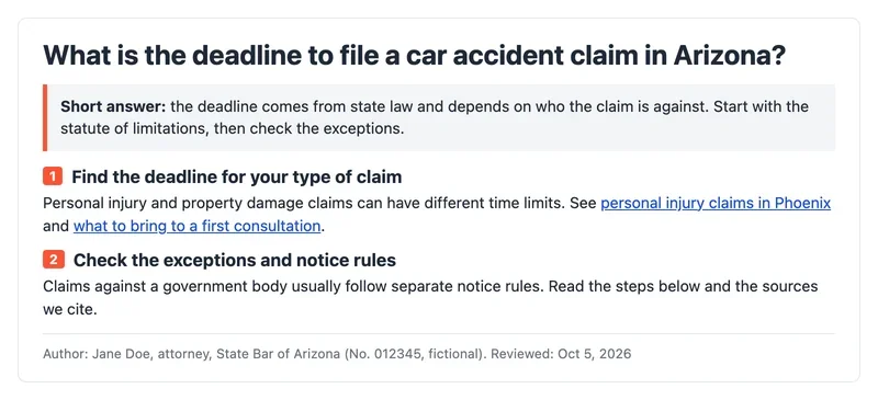 Mockup of an answer article about an Arizona car accident claim deadline with a short answer, steps and an author block
