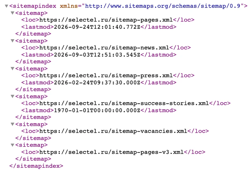 XML-индекс карты сайта со ссылками на отдельные карты страниц, новостей и вакансий
