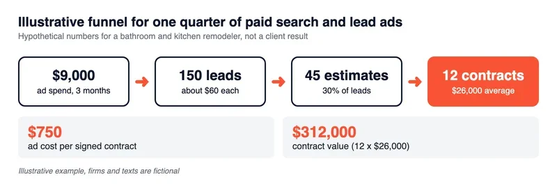 Funnel: $9,000 ad spend, 150 leads at about $60, 45 estimates and 12 contracts averaging $26,000