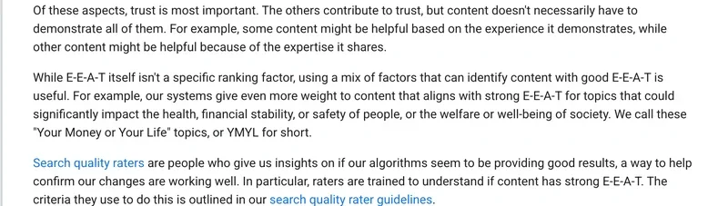 Google Search Central page on helpful, reliable, people-first content with the YMYL passage