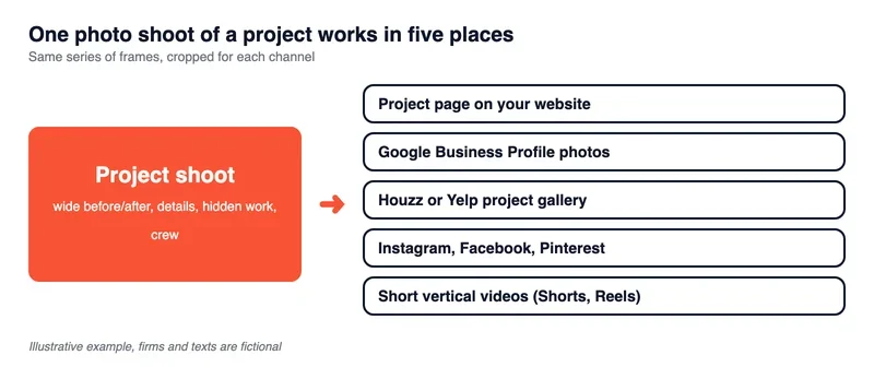 Diagram of one project photo shoot used in five places: website, Google Business Profile, Houzz or Yelp gallery, social networks and short videos