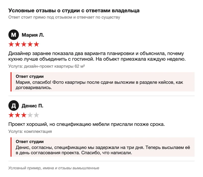Условные отзывы о студии с ответами владельца