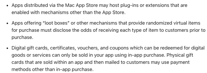 Фрагмент правил App Store о покупках внутри приложения