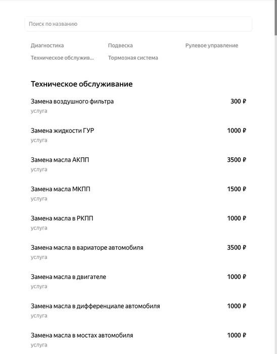 Прайс автосервиса в карточке Яндекс Карт