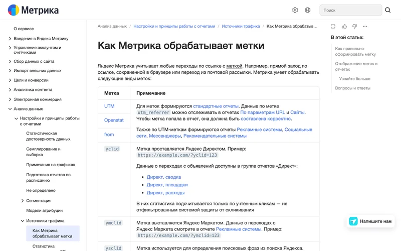 Справка Яндекс Метрики о том, как сервис обрабатывает метки