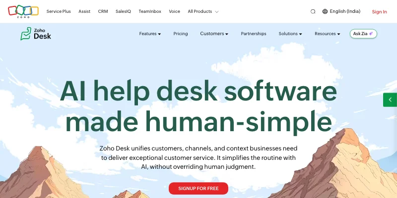 Главная страница сервиса Zoho Desk