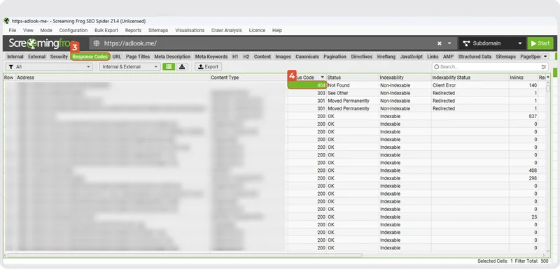 Окно Screaming Frog SEO Spider со списком кодов ответа