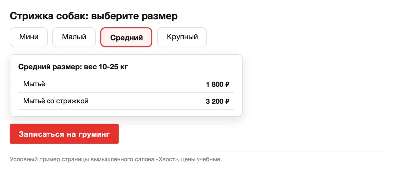 Выбор размера собаки с ценами и кнопкой записи