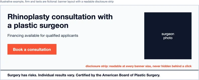 A sample practice banner with a readable disclosure strip at the bottom: surgery has risks, individual results vary