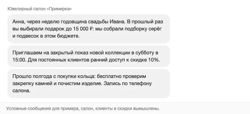Условные сообщения ювелирного салона