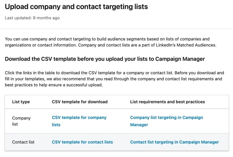 Screenshot of the LinkedIn Marketing Solutions help page on uploading company and contact targeting lists