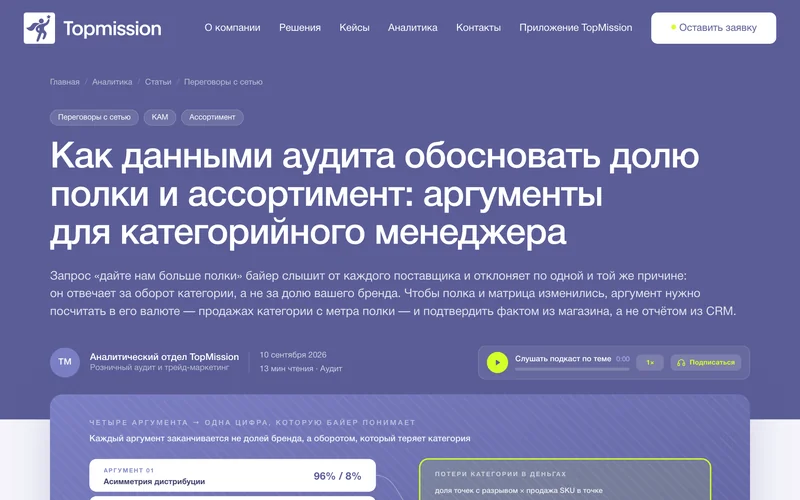Страница TopMission о доле полки и ассортименте