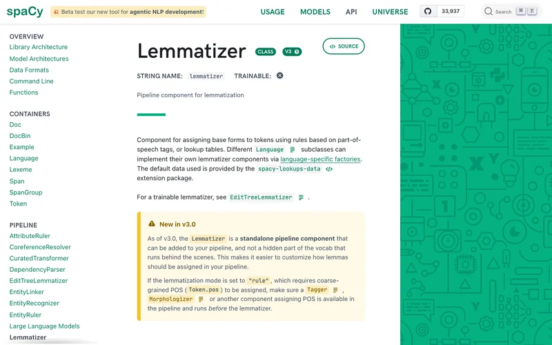 Страница документации spaCy о компоненте Lemmatizer