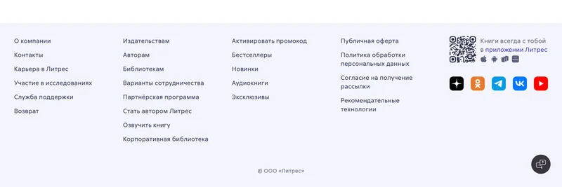 Скриншот подвала книжного сервиса Литрес: четыре колонки ссылок, оферта и политика обработки персональных данных, QR-код приложения и иконки соцсетей