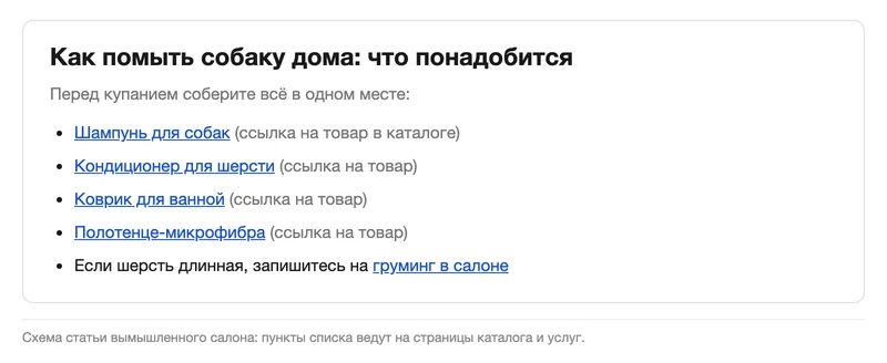 Статья со списком, пункты которого ведут на страницы каталога