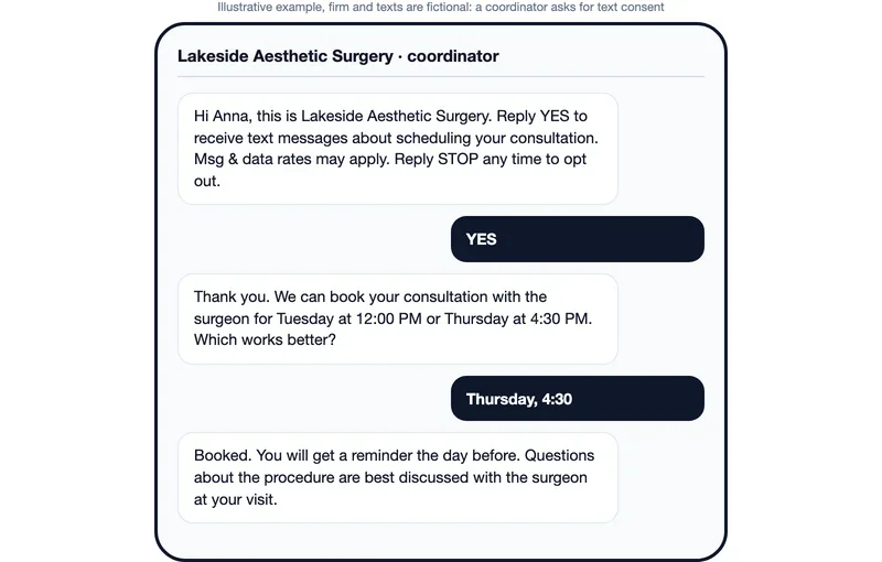 Sample text conversation between a practice coordinator and a patient: asking for permission to text and offering consultation times