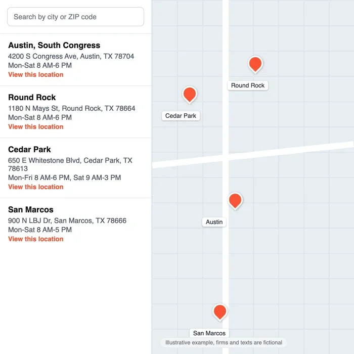 Mock store locator page: a list of four locations in Austin, Round Rock, Cedar Park and San Marcos with addresses and hours next to a map