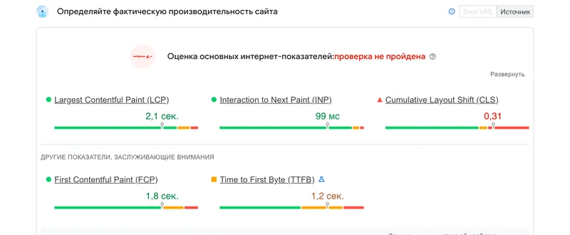 Отчёт PageSpeed Insights по сайту климатической компании с метриками LCP, INP и CLS