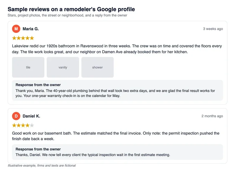 Mock Google reviews of a remodeling company with five stars, project photos, the neighborhood mentioned and a detailed reply from the owner