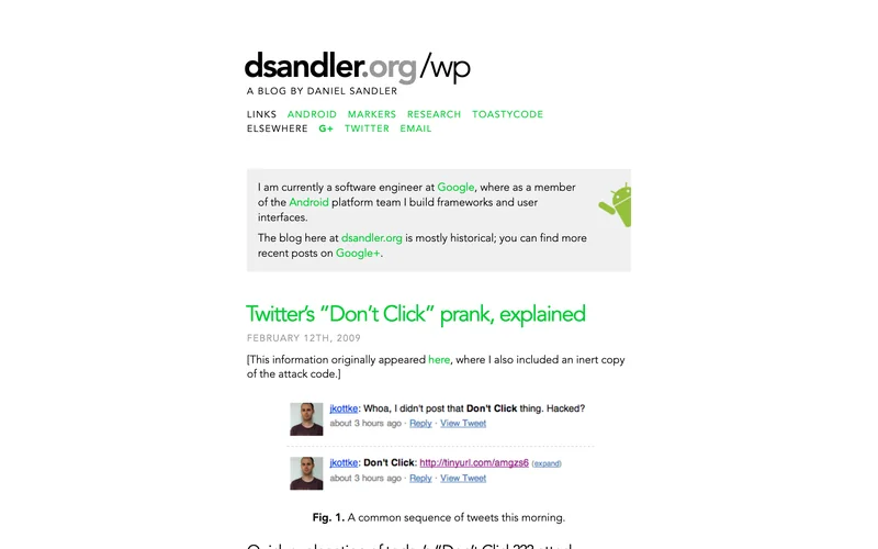 Блог dsandler.org с разбором атаки Don't Click и цепочкой одинаковых твитов