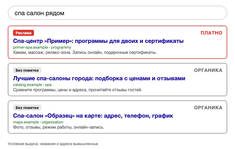 Условная выдача по запросу «спа салон рядом» с рекламным и органическими результатами