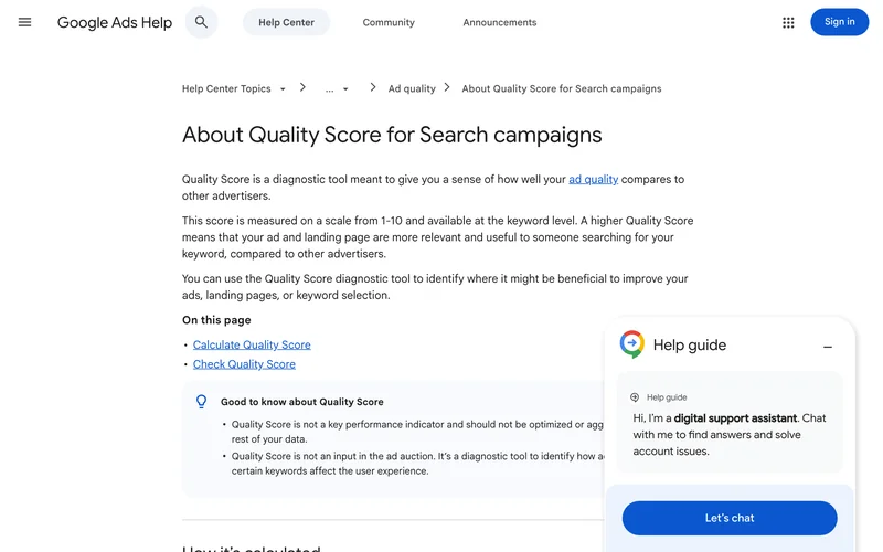 Страница справки Google Ads о Quality Score