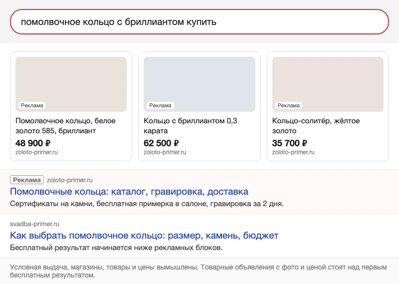 Условная выдача с товарными объявлениями ювелирного магазина