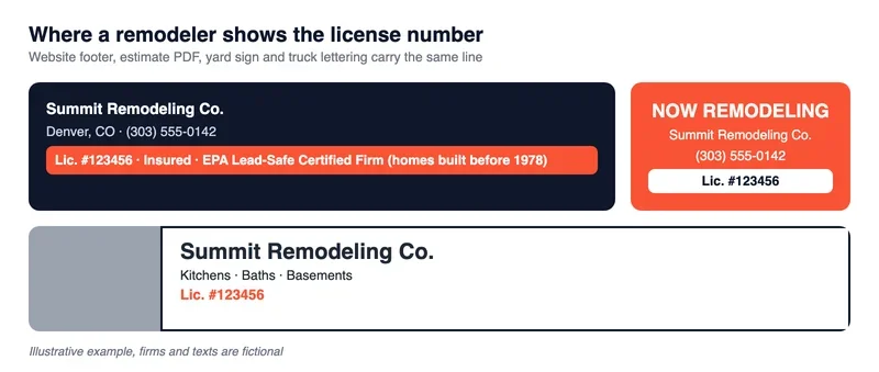 Mock-up showing a license number line in a remodeler's website footer, on a yard sign and on a truck