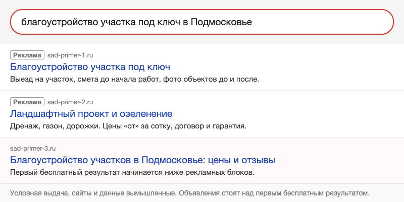 Условная выдача: две рекламы над бесплатным результатом