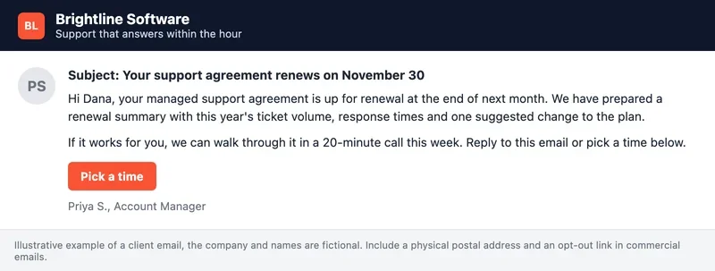 Illustrative email from an IT company to a client about renewing a support agreement